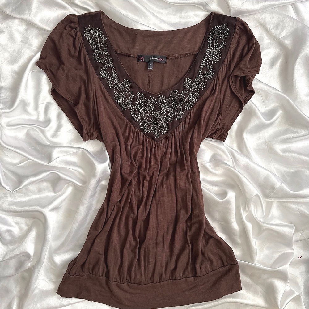 HeartSoul Brown Beaded V-Neck Flutter Sleeve Top XL 22844AM0